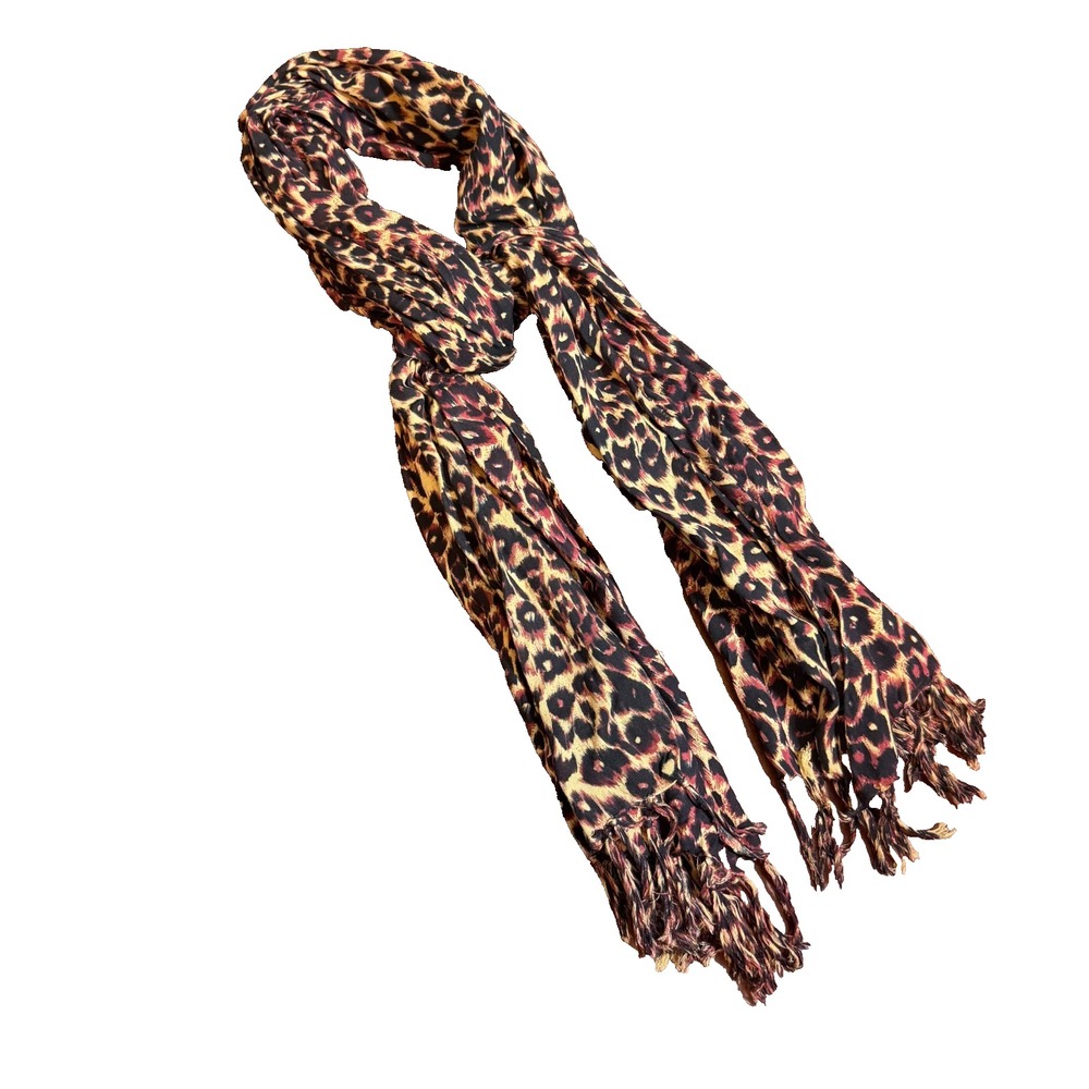 Vtg Leopard Print Rayon Scarf‎ Fringe Wrap Shawl Animal Print Boho Indie Y2K
